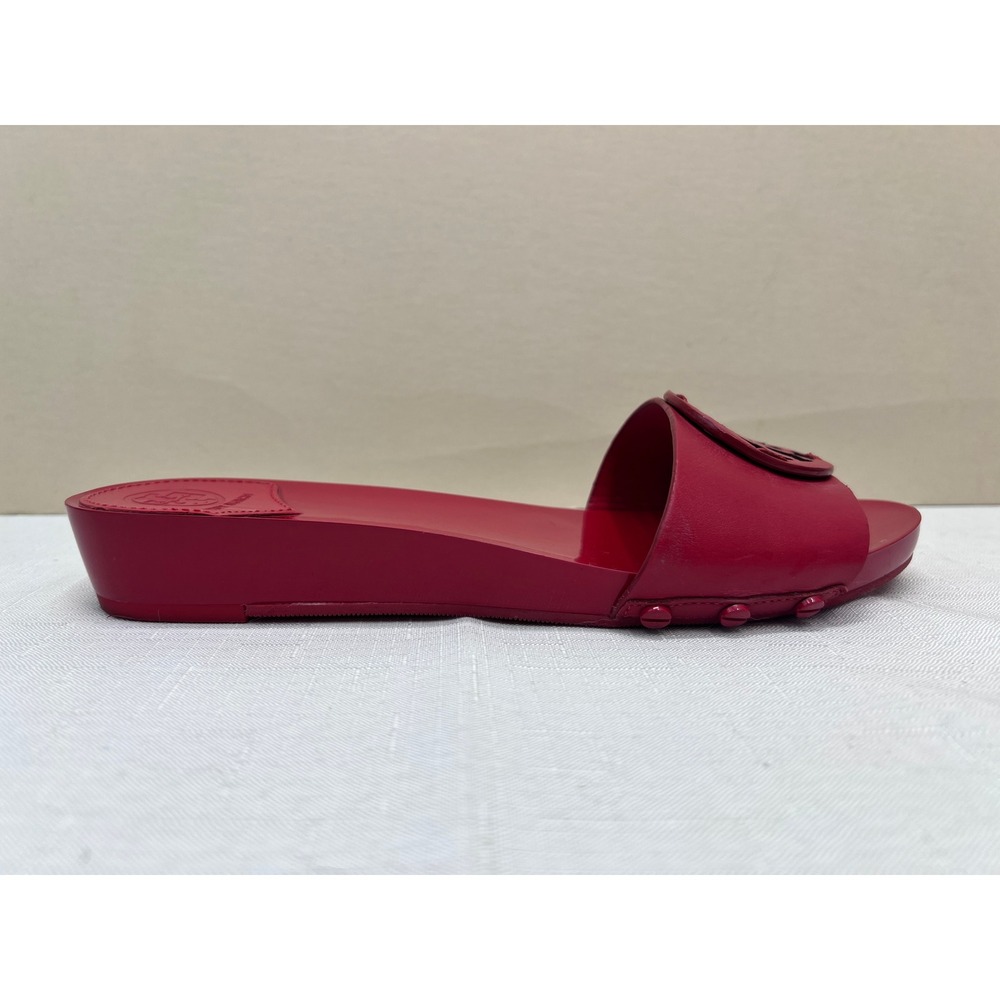 Tory Burch Miller Wedge Sandals Womens Red Good Logo Patent Leather Slides - Picture 3 of 10